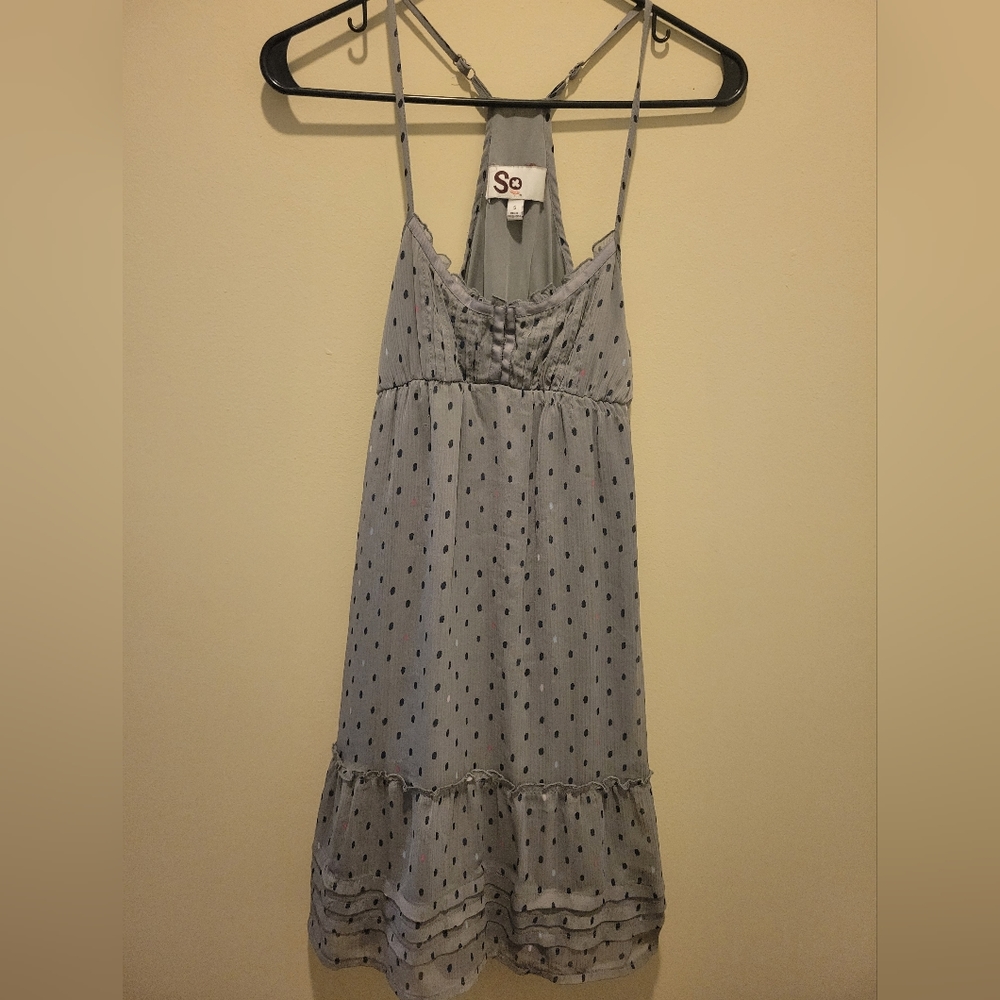 Grey racer back dress with navy and pink dots